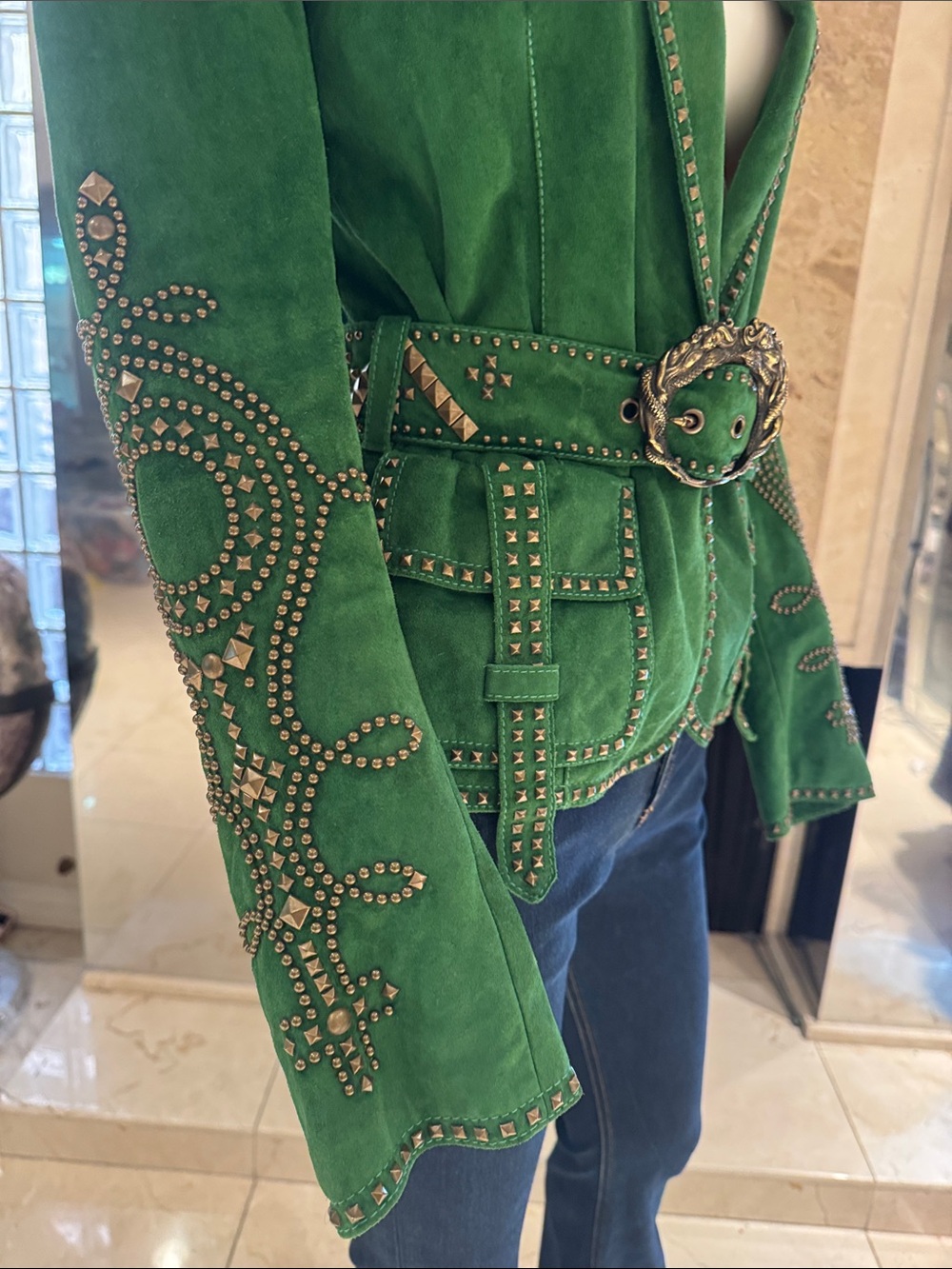 Roberto Cavalli Archival Runway Emerald Green Suede Studded Mermaid Jacket - Picture 3 of 17
